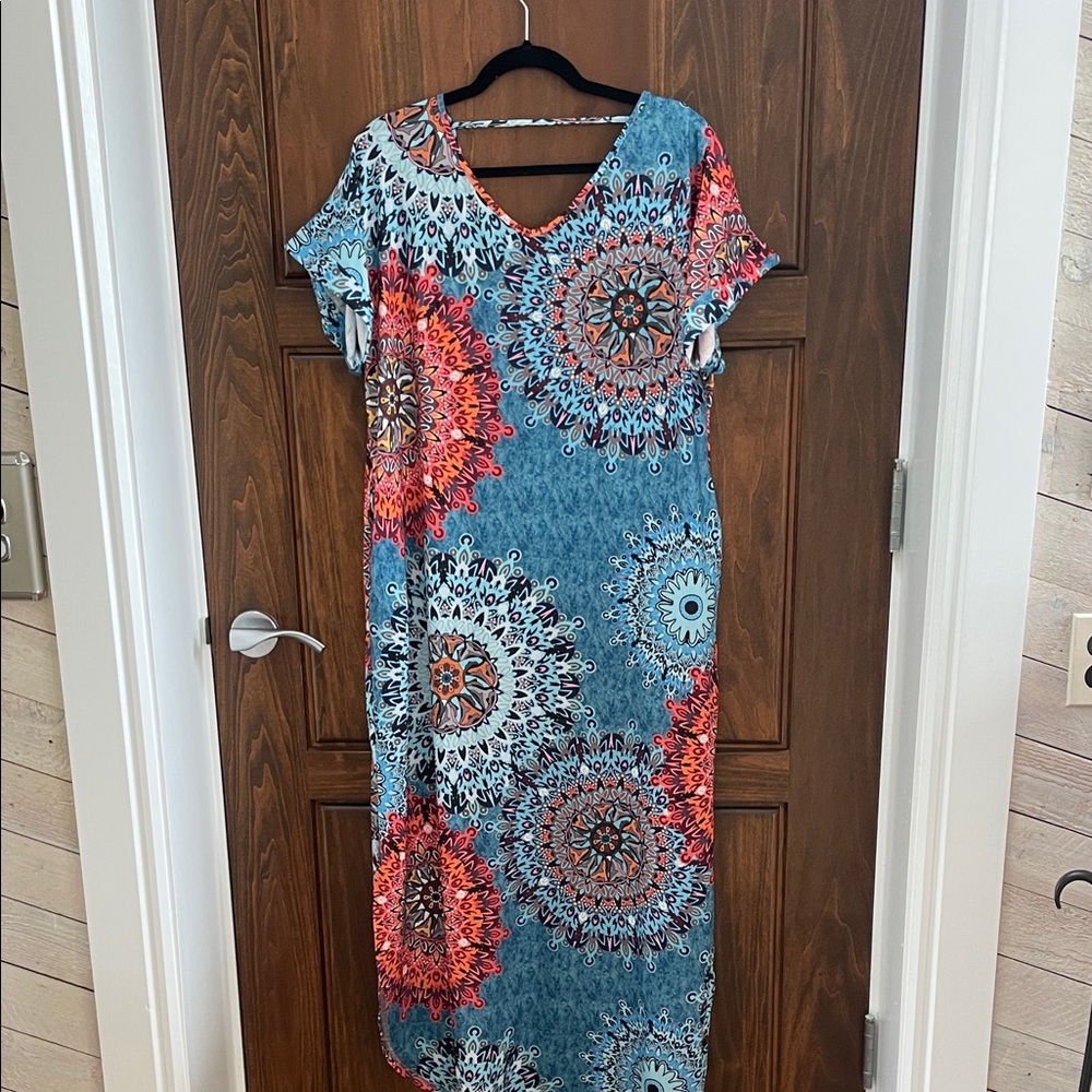 Bohemian Floral Medallion Maxi Dress - Blue & Coral